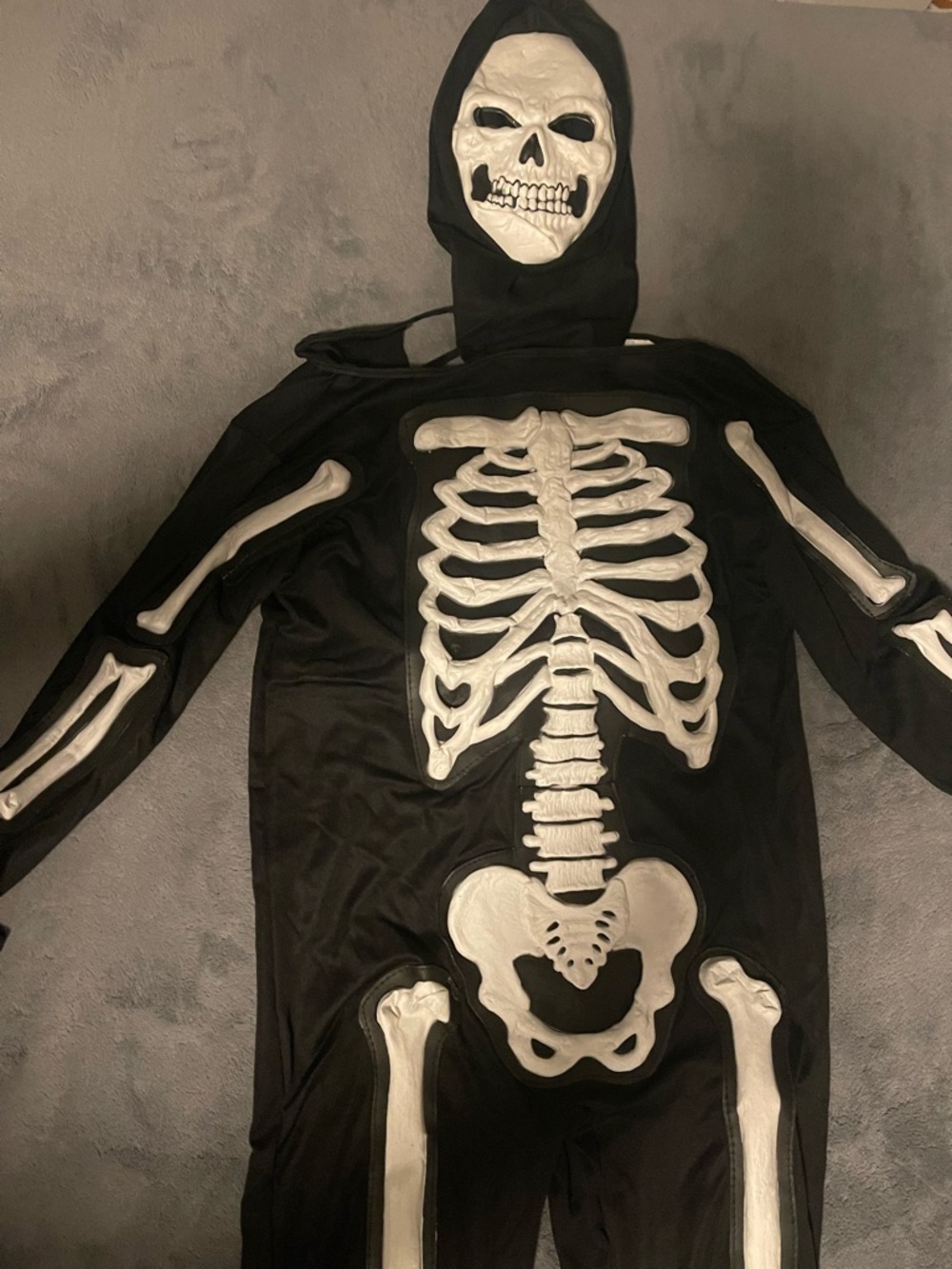 Kids Black Skeleton Costume with White Bone Print and Hooded Mask